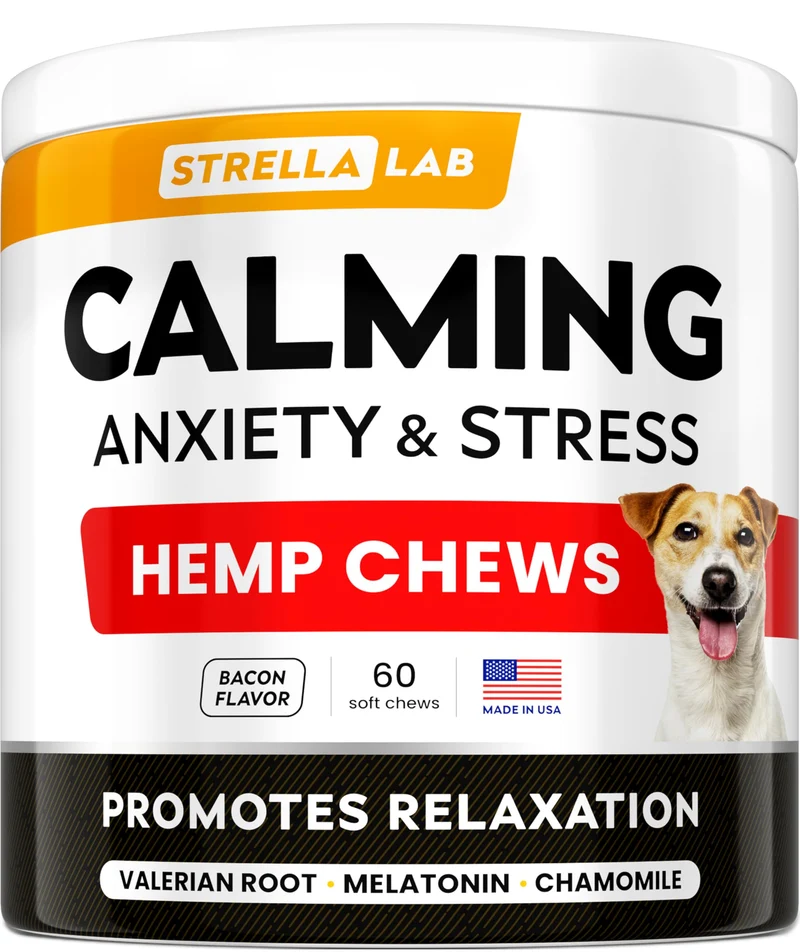 STRELLALAB Friandises Calmantes Avancées pour Chiens – Chanvre + Mélatonine – Sommeil et Détente – Saveur Bacon – Fabriqué aux États‑Unis – 60 unités