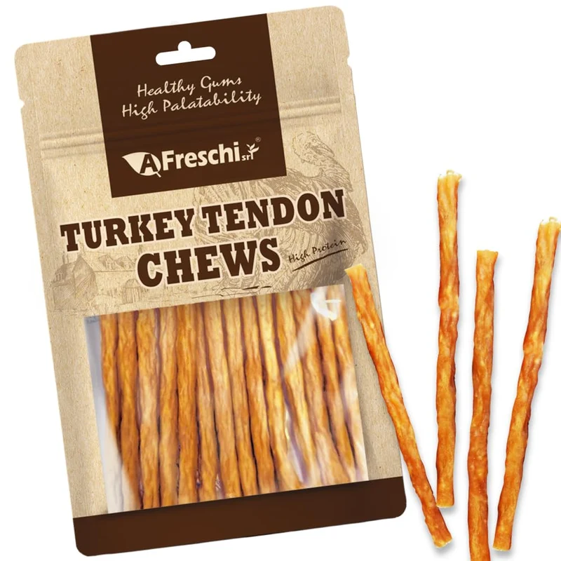 Friandises naturelles pour chiens — Tendons de dinde A Freschi Srl, provenance États‑Unis, sans cuir brut, hypoallergéniques, bâtonnets fins 3,5 oz