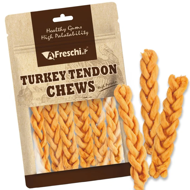 A Freschi srl Tendons de Dinde pour Chiens — Friandises Naturelles Sans Cuir, Origine États‑Unis, Bâtons Tressés, Pack 100 g (3,5 oz)