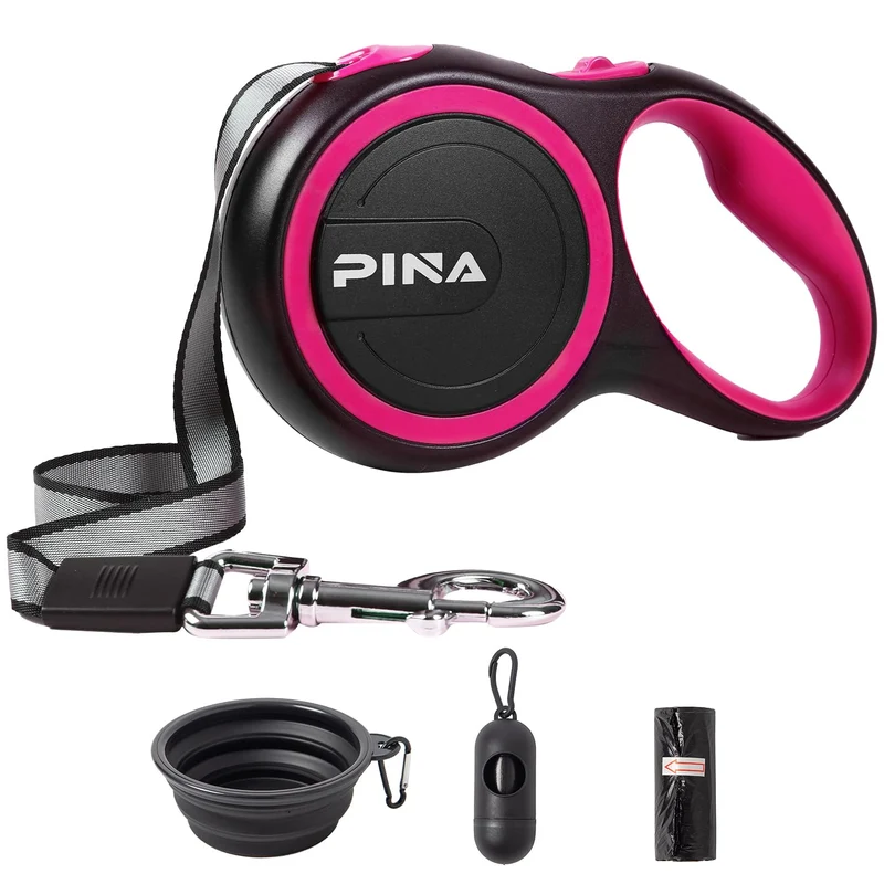 PINA Laisse Rétractable pour Chien — 26 pieds (8 m), jusqu'à 50 kg, 360°, Antidérapante, Frein à Une Main (Noir et Rose)