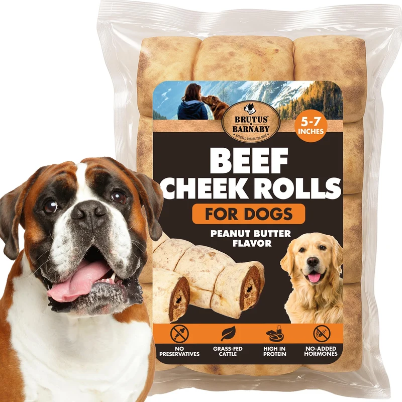 Brutus & Barnaby – Rouleaux de joue de bœuf au beurre de cacahuète, 3-pack, sans cuir, pour gros chiens