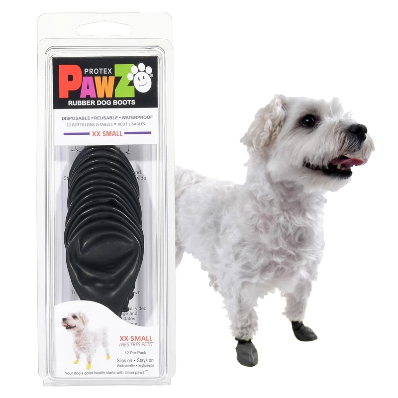 Protex PawZ Bottes en caoutchouc pour petites pattes – Chaussures pour chien toutes saisons, imperméables et antidérapantes – à enfiler – Noir – XX-Small (1 à 1,5 po) – Lot de 12