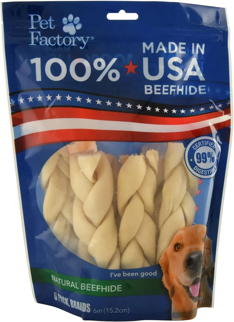 Pet Factory – Bâtons tressés en boeuf 100% USA, saveur naturelle, 6 pièces de 7 po
