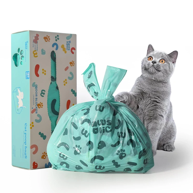 PAWSHOLIC Sacs pour litière et crottes avec poignée – Lavande, amidon de maïs, étanches, 180 sacs (1,1 gal)