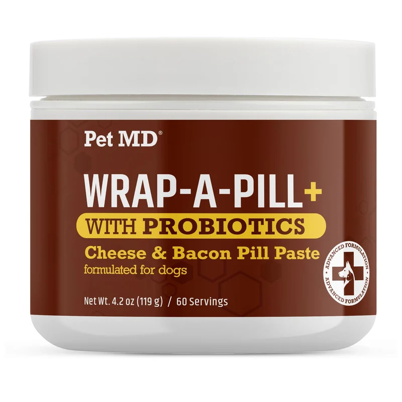 Pet MD Wrap-A-Pill : Pâte enveloppe pour pilules chiens avec probiotiques – Enveloppe facile à utiliser – Saveur fromage et bacon (120 g)