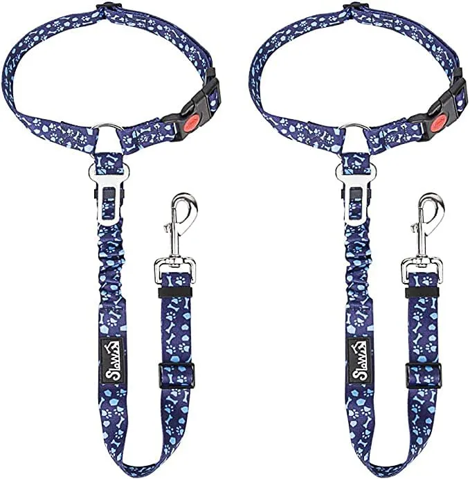 SlowTon Ceinture Chien Voiture — Lot de 2, Réglable avec Bungee et Attache Tête — Réfléchissante (Bleu Patte)