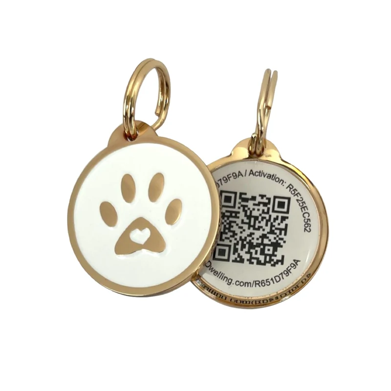 Pet Dwelling QR Tag – Localisation Instantanée Sans Application, Profil en Ligne Gratuit | Lux Gold White Paw