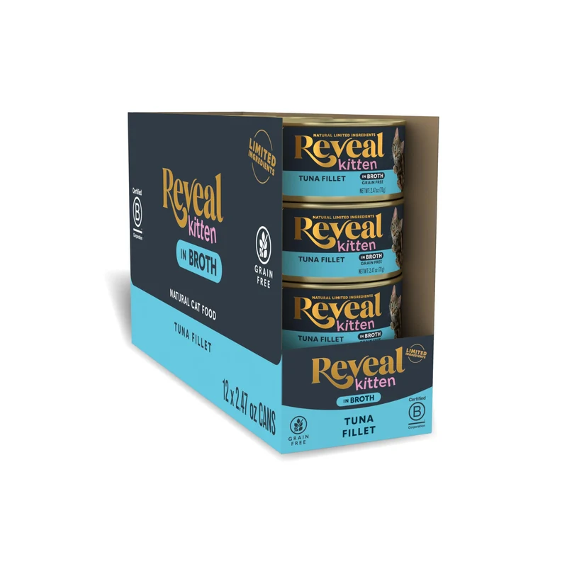 Reveal Nourriture humide naturelle pour chaton – Thon en filet dans bouillon, ingrédients limités et sans additifs artificiels (12 boîtes de 70 g)
