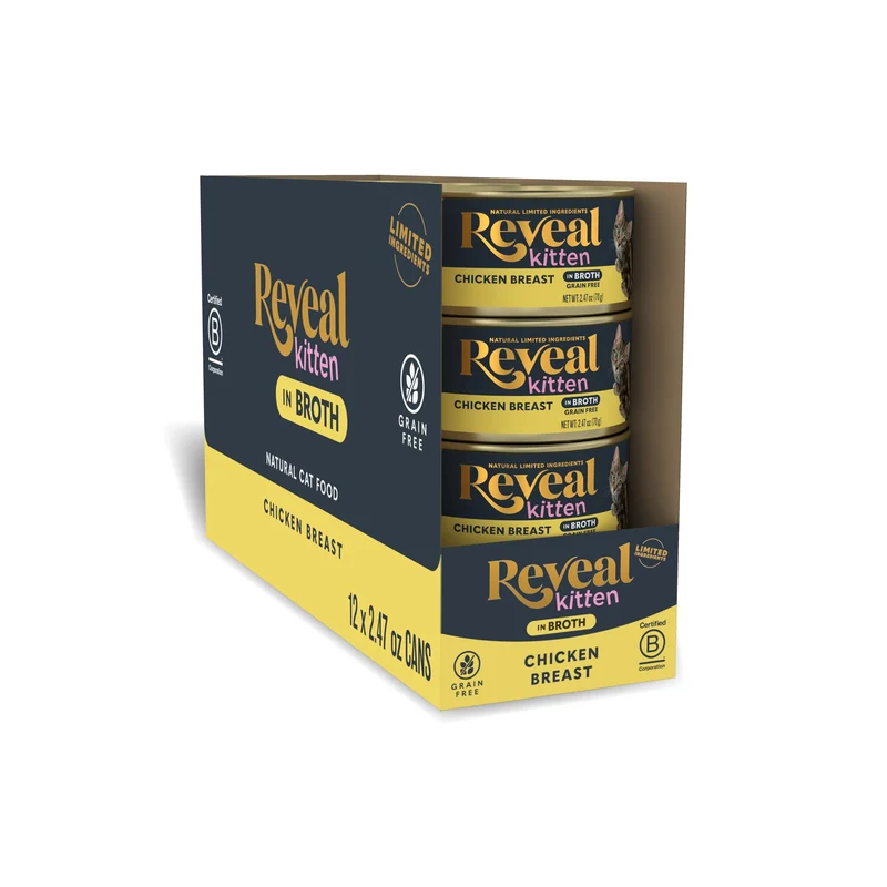 Reveal – Nourriture humide naturelle pour chatons, sans céréales, riche en protéines – Poitrine de poulet en bouillon (12 boîtes de 2,47 oz)