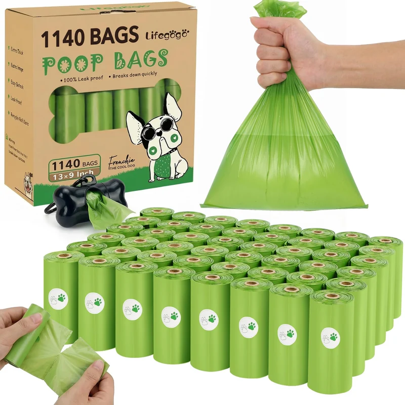 Lifegogo Sacs Poubelle Chien — 1140 Sacs, Sans Parfum, Étanches, Distributeur en forme d'Os, 13x9 po