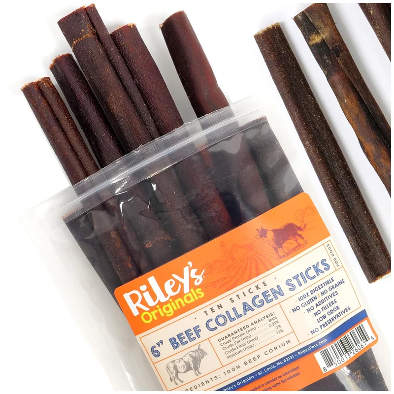 Riley's Bâtonnets de collagène de boeuf pour chiens – 6 pouces, sans cuir cru, 10 bâtonnets