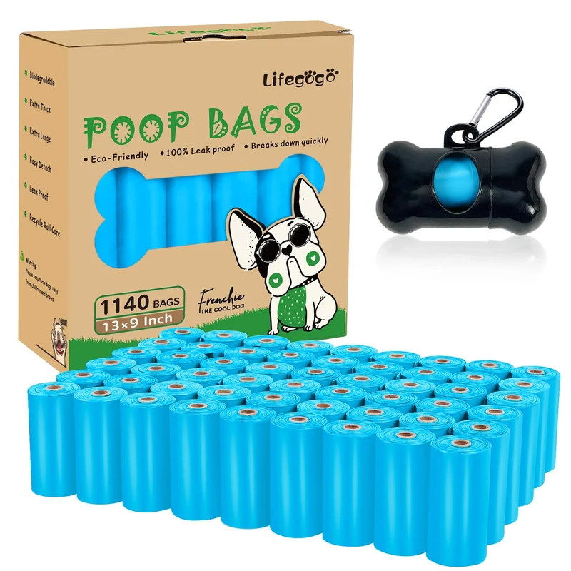 Lifegogo - Sacs Crottes Chien 1140 Sacs, Étanches et Épais, Avec Distributeur – Bleu (13 x 9 po)