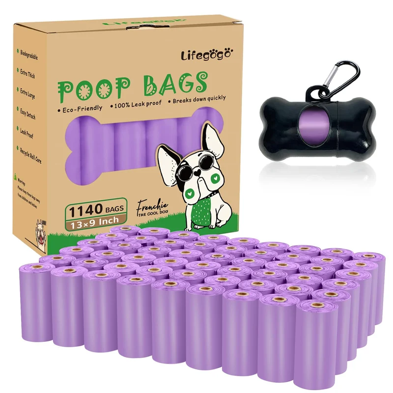 Lifegogo – Sacs à crottes pour chien, 1140 sacs (57 rouleaux), sans parfum, épais et étanches, dispenser violet (13 x 9 pouces)
