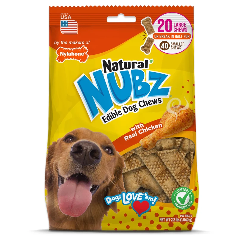 Nylabone Nubz – Friandises dentaires naturelles pour grands chiens (>30 lb) – Goût poulet, USA, 20 pièces