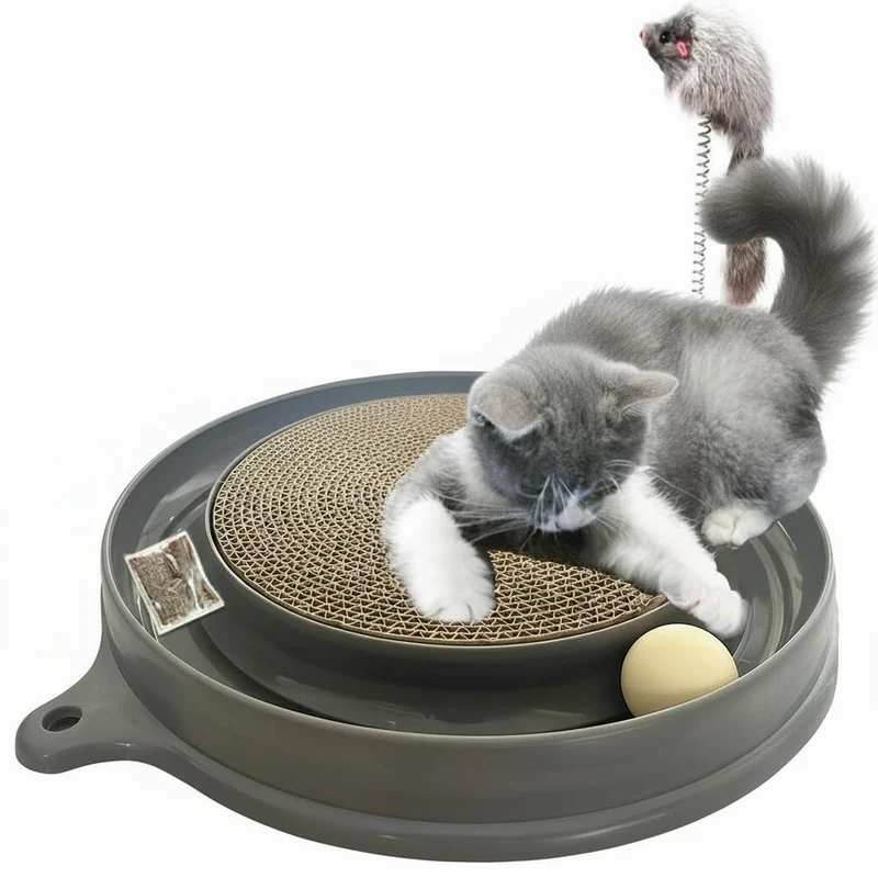 AUOON Jouet Grattoir Chat 3-en-1: Piste de Balle et Souris Peluche – Gris