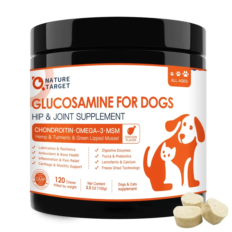 Nature Target – Supplément articulation chiens | Glucosamine, Chondroïtine, Oméga-3, MSM, Curcuma – 120 friandises saveur poulet