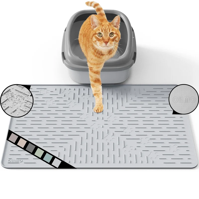 OHMO Tapis de litière pour chat en silicone premium – gris cendré, 60 x 40 cm (23,5 x 16 po), étanche et sans BPA
