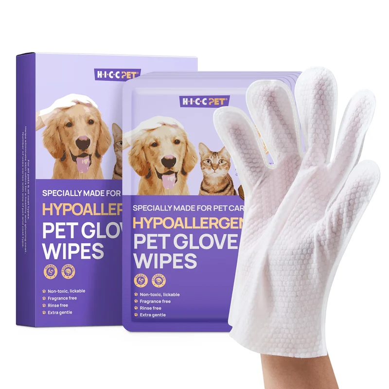 Gants Nettoyants Déodorants HICC PET – Pelage Chiens et Chats, Hypoallergéniques, Hydratants, Sans Parfum, 6 pièces
