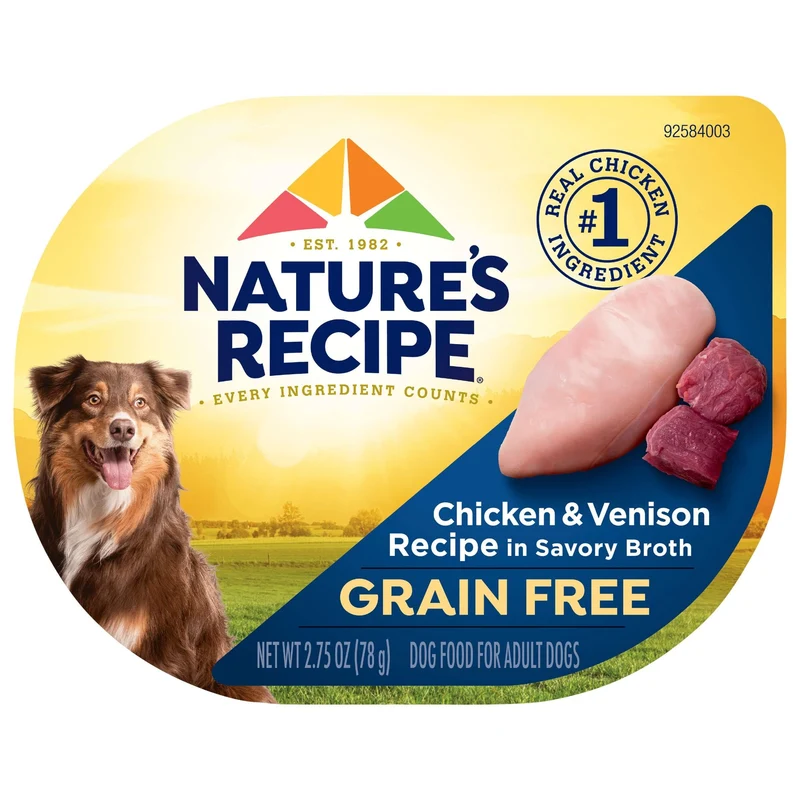 Nature’s Recipe Repas Humide Sans Céréales – Poulet et Venaison, Gobelets 2,75 oz (Pack de 12)