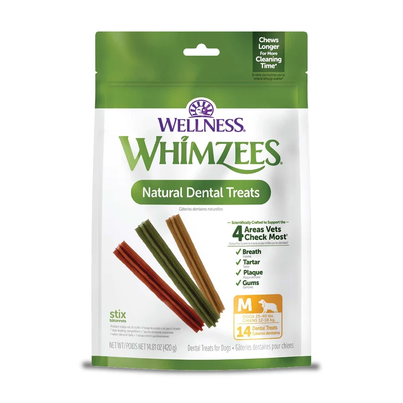 Whimzees Wellness Stix – Friandise dentaire pour chien (bâtonnets moyens, 420 g, 14 pièces)