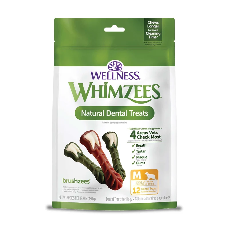 Whimzees Brushzees – Friables dentaires pour chien, approuvés VOHC, haleine fraiche, taille moyenne, sachet 360 g (12 unite)