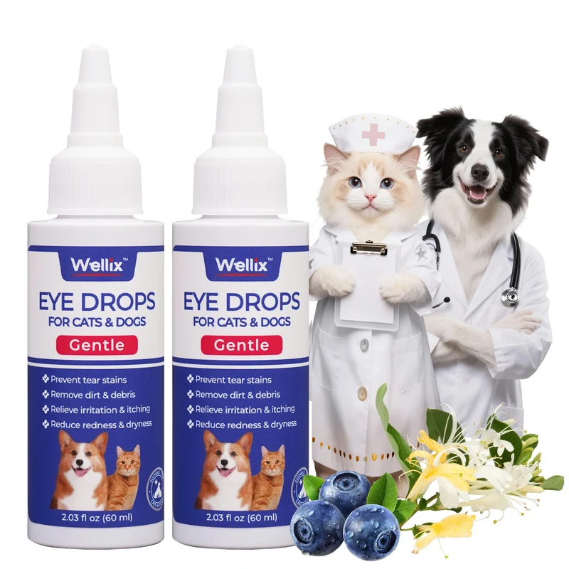 Wellix Gouttes Oculaires pour Chiens et Chats – Soin Anti-Infection, Soulagement Allergies et Nettoyage des Taches de Larmes (2×60 ml)
