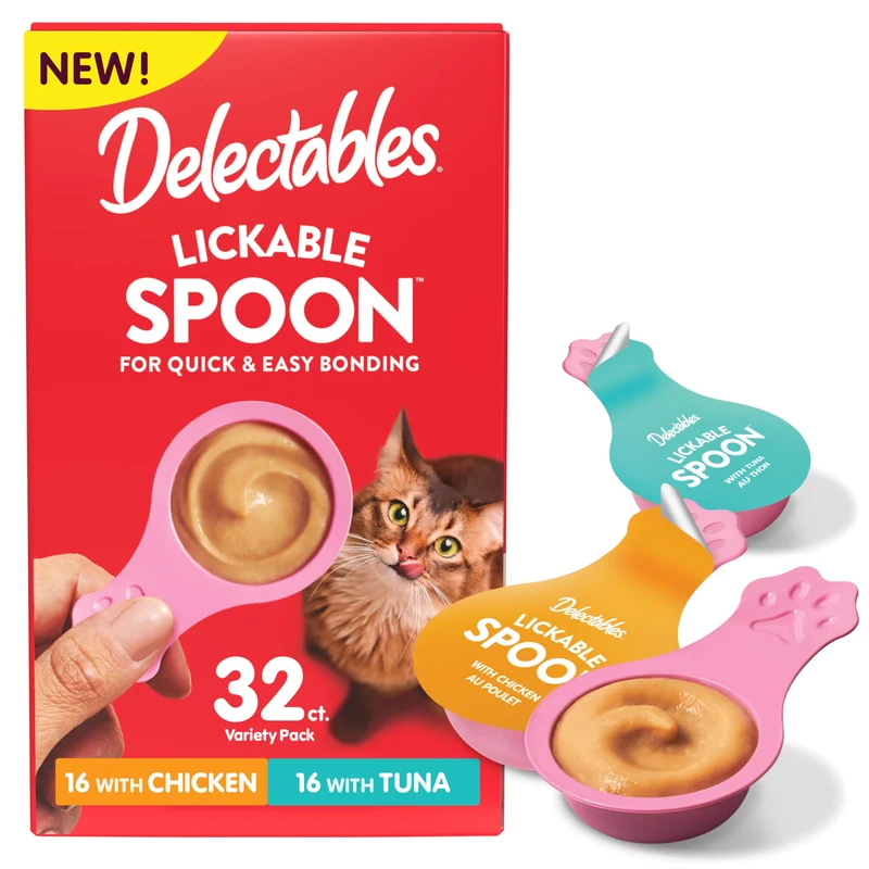 Delectables Cuillères Lickables pour Chat – Friandises Humides au Poulet et Thon, Purée Crémeuse, Sans Gâchis, Pack Variété 32 Portions