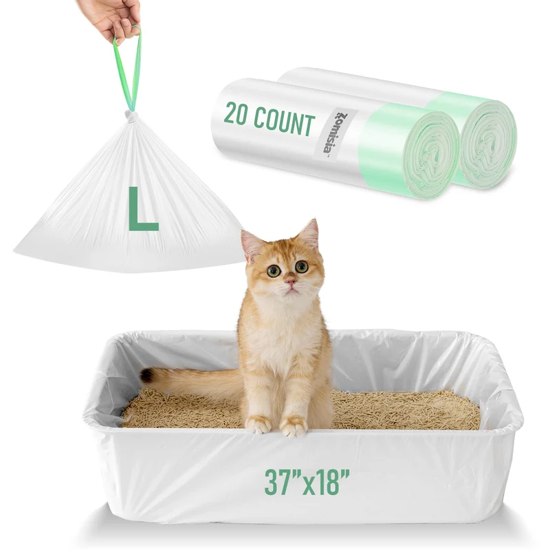 ZOMISIA Sacs Litière Chat Grand Format 37x18 - 20 Sacs à Cordon, Ultra-Résistants et Sans Parfum