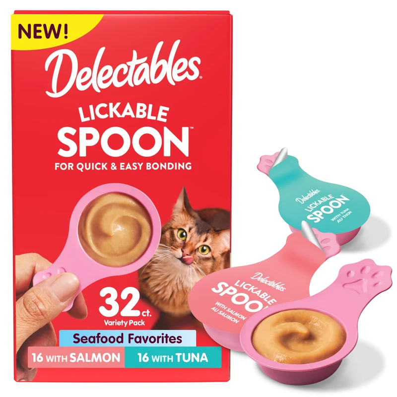 Delectables Cuillères à Lécher pour Chats – Saumon & Thon, Purée Crémeuse, Sans Additifs, Pack Variétés 32×0,35 oz