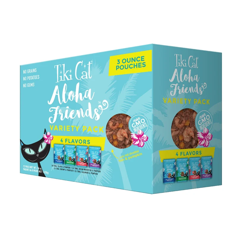 TIKI PETS Aloha Friends – Variété Poisson, nourriture humide pour chat, protéine élevée, tous âges, sachets 85 g (lot de 12)