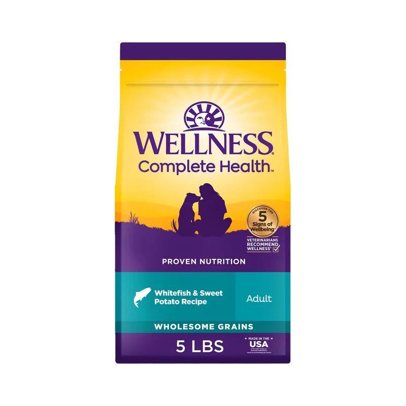 Wellness Complete Health – Nourriture sèche pour chien adulte sans poulet, poisson blanc et patate douce, 5 lb