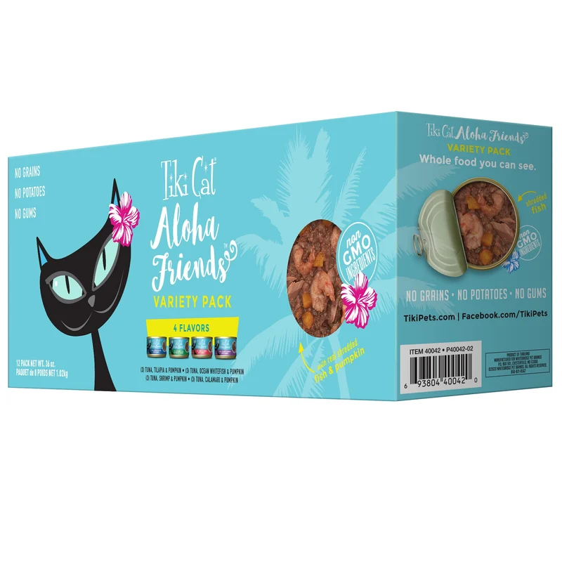 Tiki Cat Aloha Friends — Pack Variété Saveurs Fruits de Mer et Citrouille, Nourriture Humide pour Chat, Haute Protéine (12 boîtes de 3 oz)