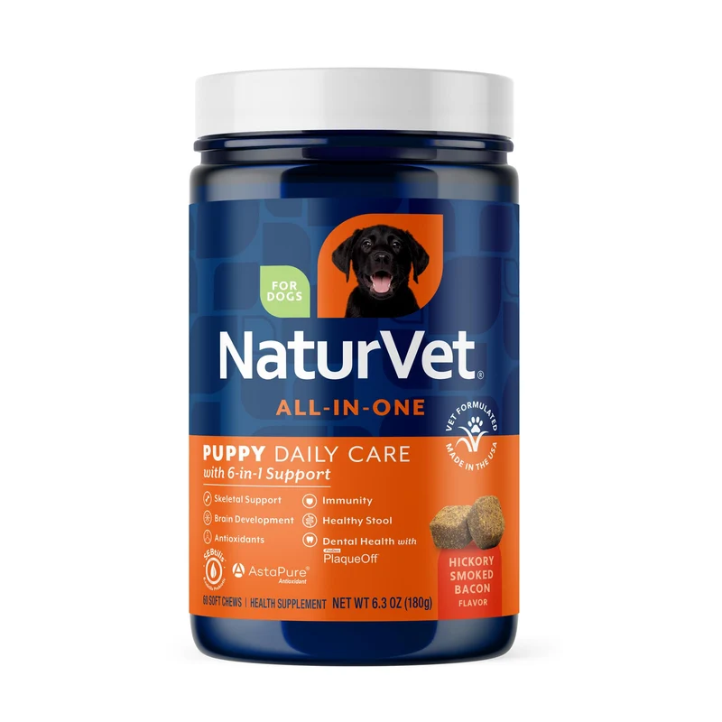 NaturVet Chiot – Tout-en-Un 6-en-1: Ossature, Joints, Digestion, Dents et Cognition | Goût Bacon Fumé Hickory | Pot 60
