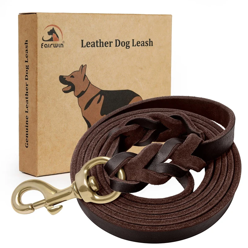 FAIRWIN Laisse en Cuir Vrai Tressé 6 Pieds – Laisse d’Entraînement pour Chiens (Tous Types) Marron