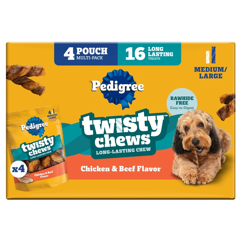 Pedigree Twisty Chews – Friandises à mâcher longue durée pour chiens moyens et grands – Goût Poulet & Boeuf, pack de 4 (16 pièces)