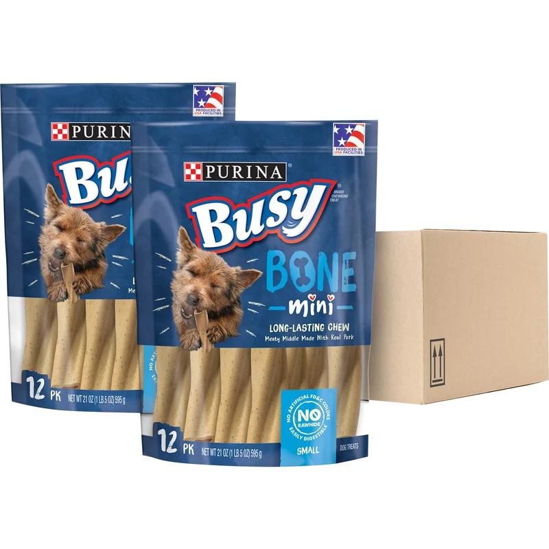 Purina Busy Os Mini – Os à mâcher pour petits chiens adultes, centre viande réelle, fabriqué aux États‑Unis (pack de 2 sachets, 12 morceaux chacun)