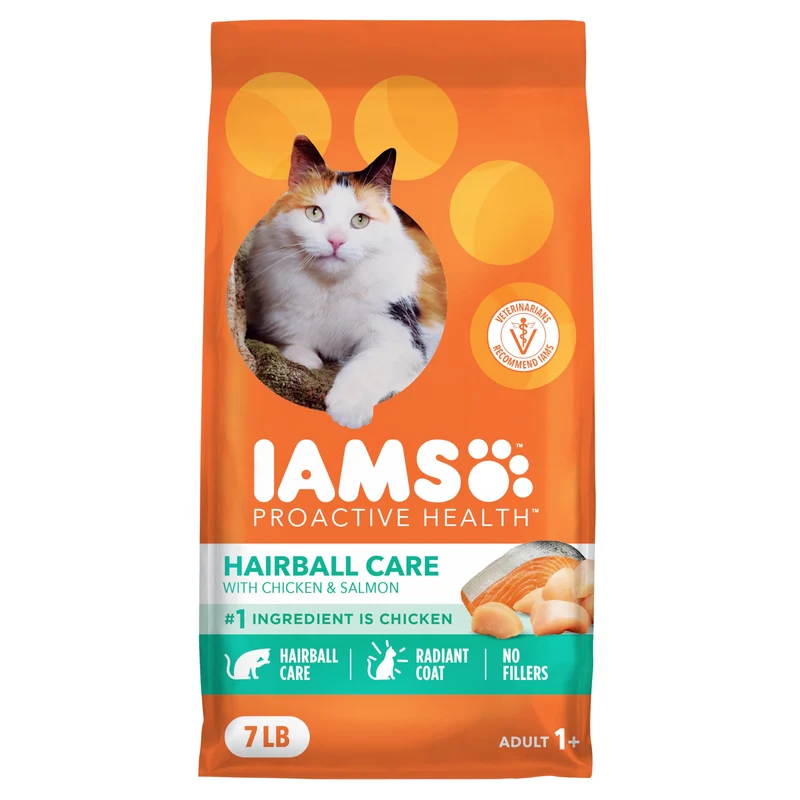 IAMS Proactive Health Croquettes Chat Adulte - Hairball Care, Poulet et Saumon, Sac de 3,18 kg