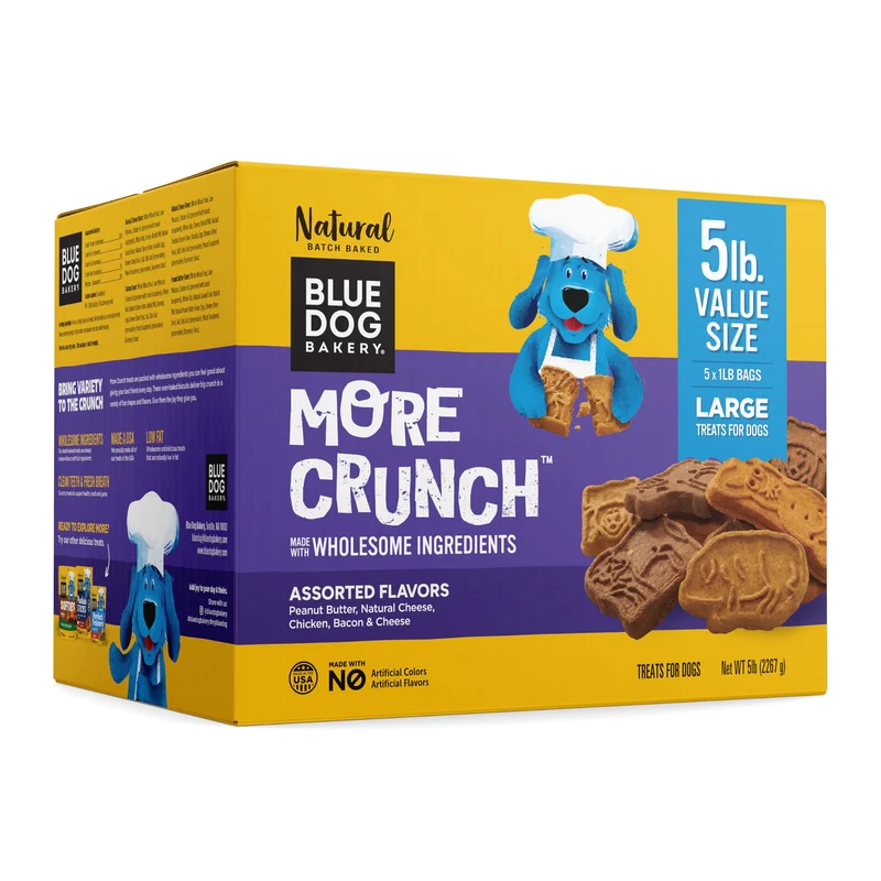 Blue Dog Bakery Plus-Croquant – Biscuits pour Chiens, Collations Saines, Tout Naturel, Saveurs Bacon, Poulet, Fromage, Beurre de Cacahuète, 5 livres (Pack unique)