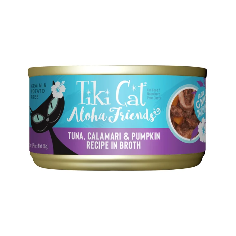 TIKI PETS Aloha Friends – Thon, Calamar et Citrouille, Pâtée humide sans céréales pour Chats Tous Âges, 3 oz (12 boîtes)