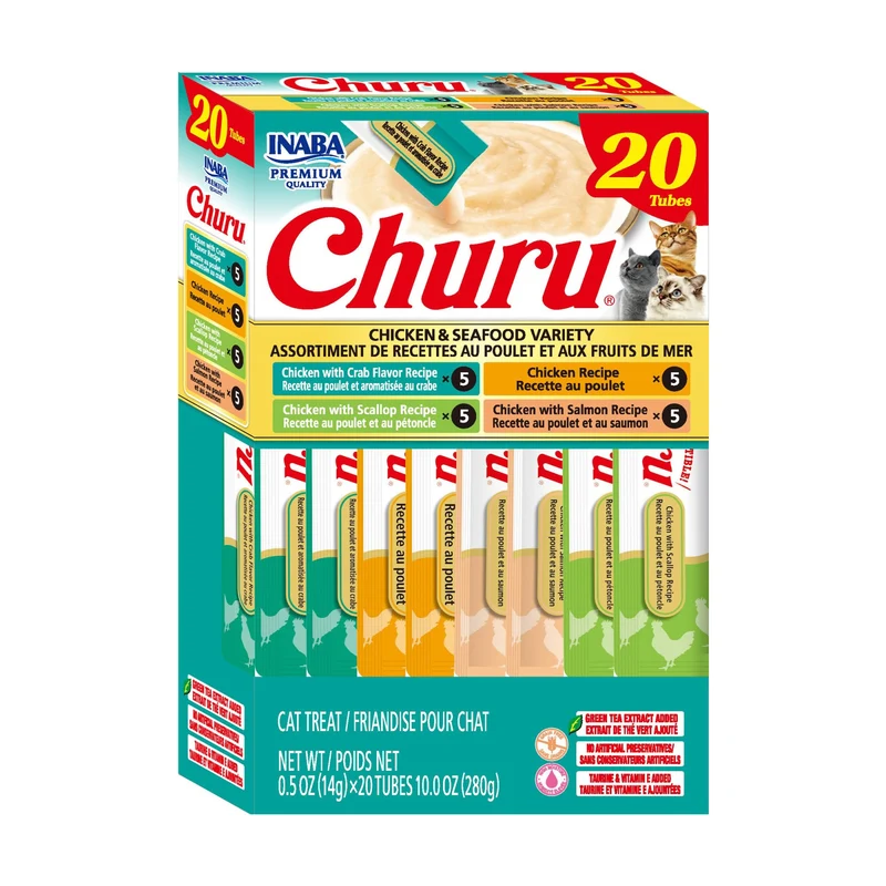 INABA Churu – Friandise chat en tube purée crème à lécher avec Taurine et Thé Vert, 0,5 oz (20 tubes)