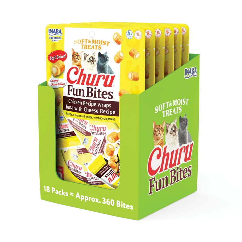INABA Churu Fun Bites pour Chats – Friandises moelleuses au thon et fromage, Taurine, emballage Tetra (18 pièces)