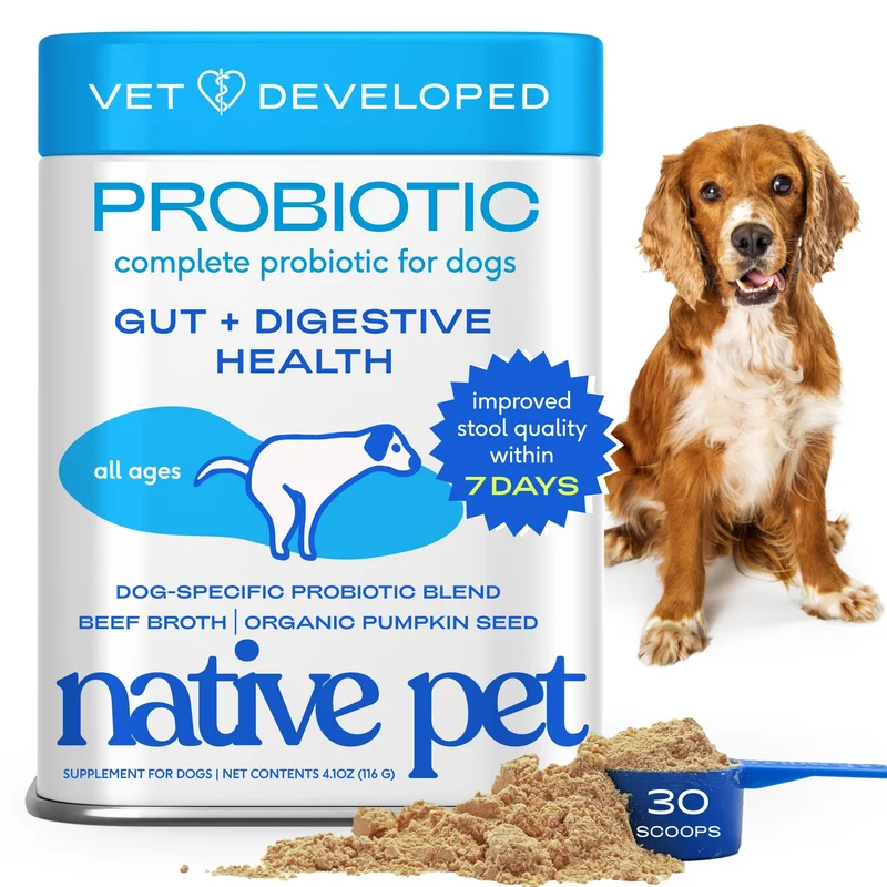 Native Pet Probiotiques pour Chiens – Poudre Probiotique, 6 Milliards CFU, Soutien Digestion et Selles Stables, 30 Mesures