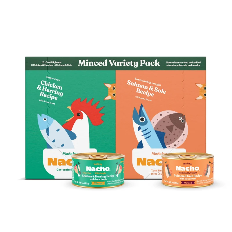 Made by Nacho – Pâté humide premium pour chat avec bouillon d’os hydratant, 3 oz – Pack variétés (12 boîtes) Poulet et Hareng, Saumon et Sole