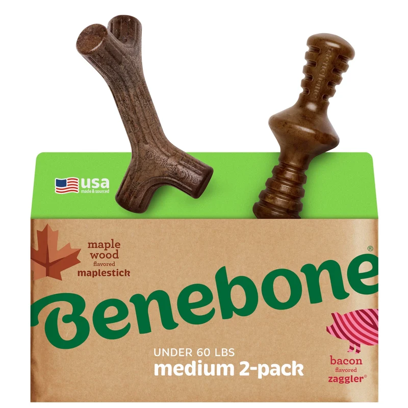 Benebone 2 Pack Maplestick et Zaggler – Jouets à mâcher durables en érable réel et bacon – Fabriqué aux États-Unis – Taille moyenne