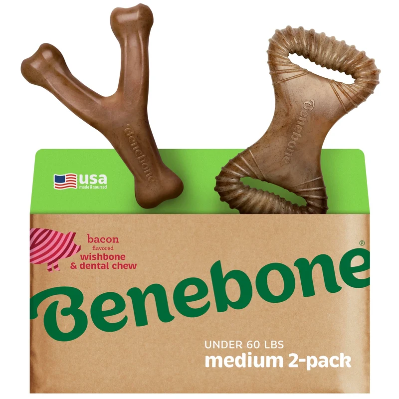 Benebone 2-pack Wishbone et Dental – Jouets à mâcher dur pour chiens forts, bacon réel, fabriqué aux États-Unis (Taille moyenne)