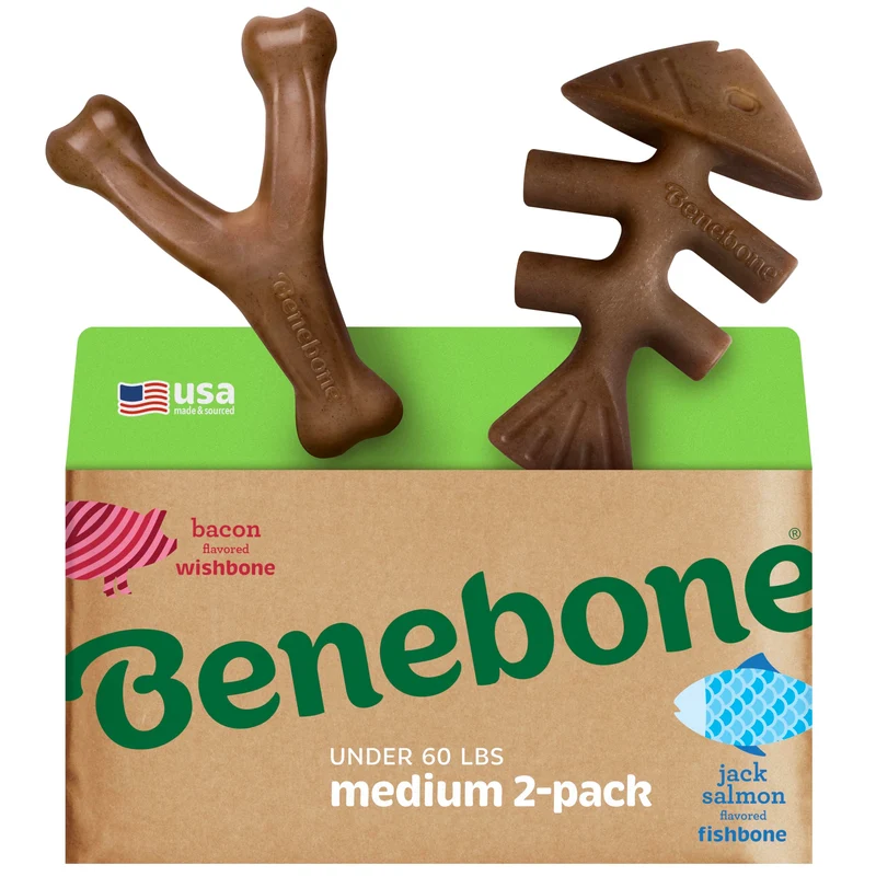 Benebone 2-pack Fishbone/Wishbone – Jouets à mâcher dur pour chiens moyens | Bacon et Poisson, Fabriqué aux États‑Unis