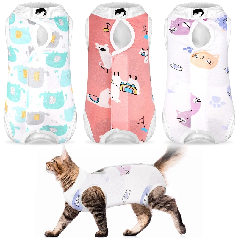 Nuanchu – Ensemble 3 pièces de rétablissement pour chat et chien (Médium) – Combinaison anti-licking, style mignon et coloré