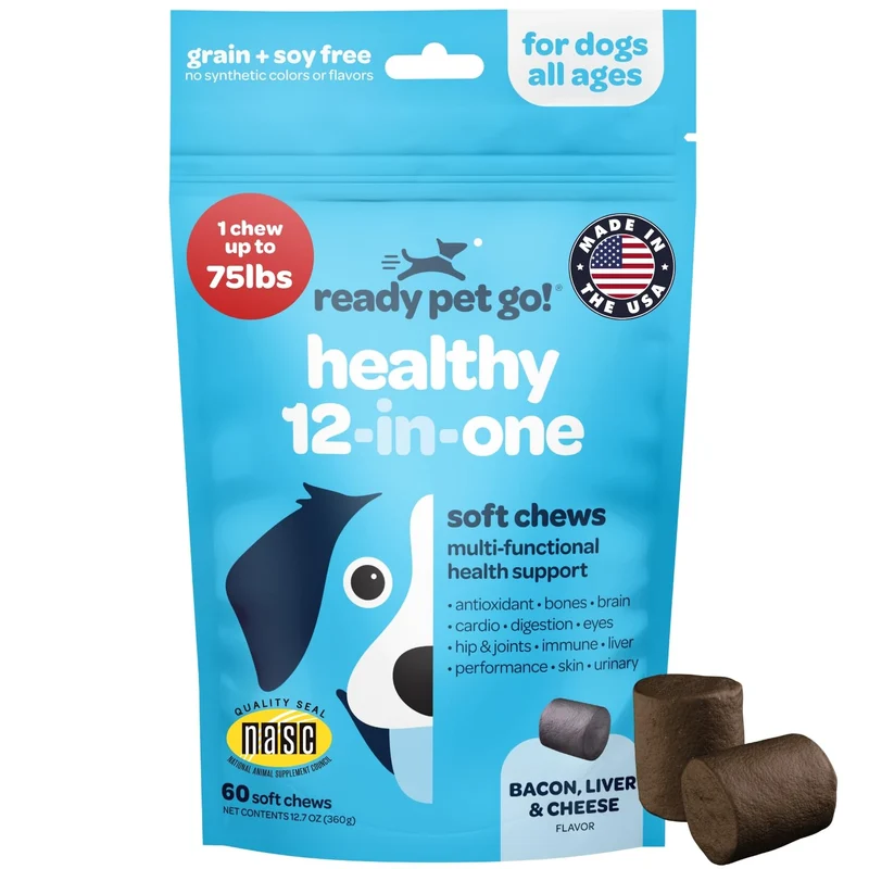 Ready Pet Go! Multivitamine 12-en-1 pour chiens – Bouchées avec Glucosamine, Chondroïtine et Probiotiques | NASC & Fabriqué aux États-Unis | 60 bouchées