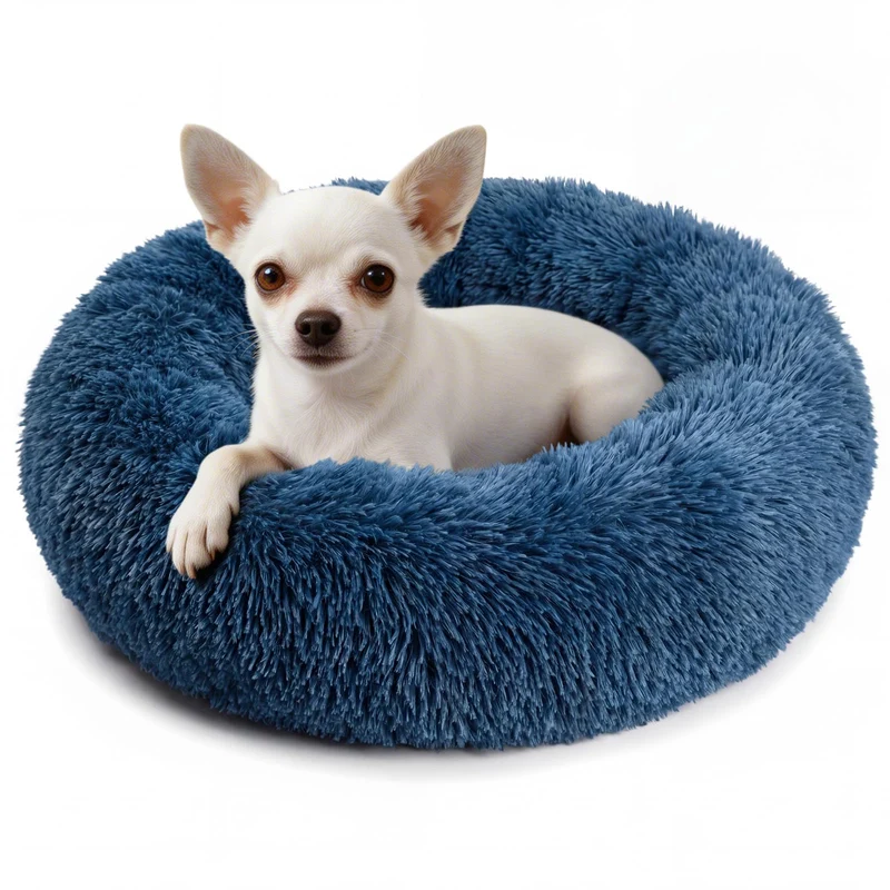Nononfish | Lit Donut Calmant pour Petits Chiens et Chats – Lavable, 19 pouces, Bleu Marine