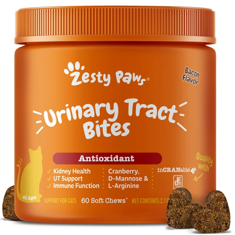 Zesty Paws Bouchées Cranberry pour Voies Urinaires des Chats – Saveur Bacon – D‑Mannose, Vitamine B6 & L‑Arginine – 60 Bouchées